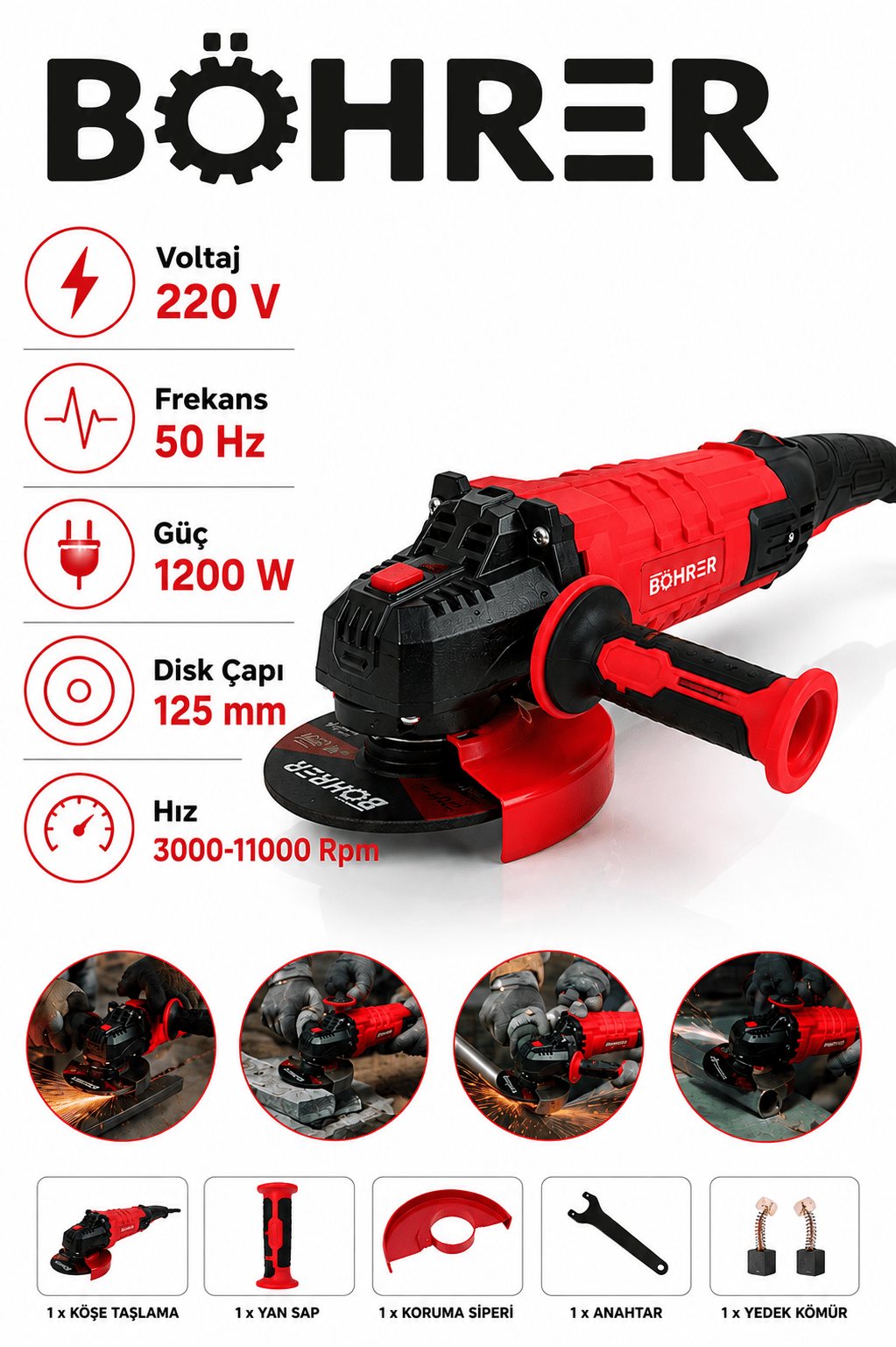 BÖHRER BA011337 1200W Devir Ayarlı Elektrikli Avuç Taşlama Makinesi 125 mm Köşe Taşlama