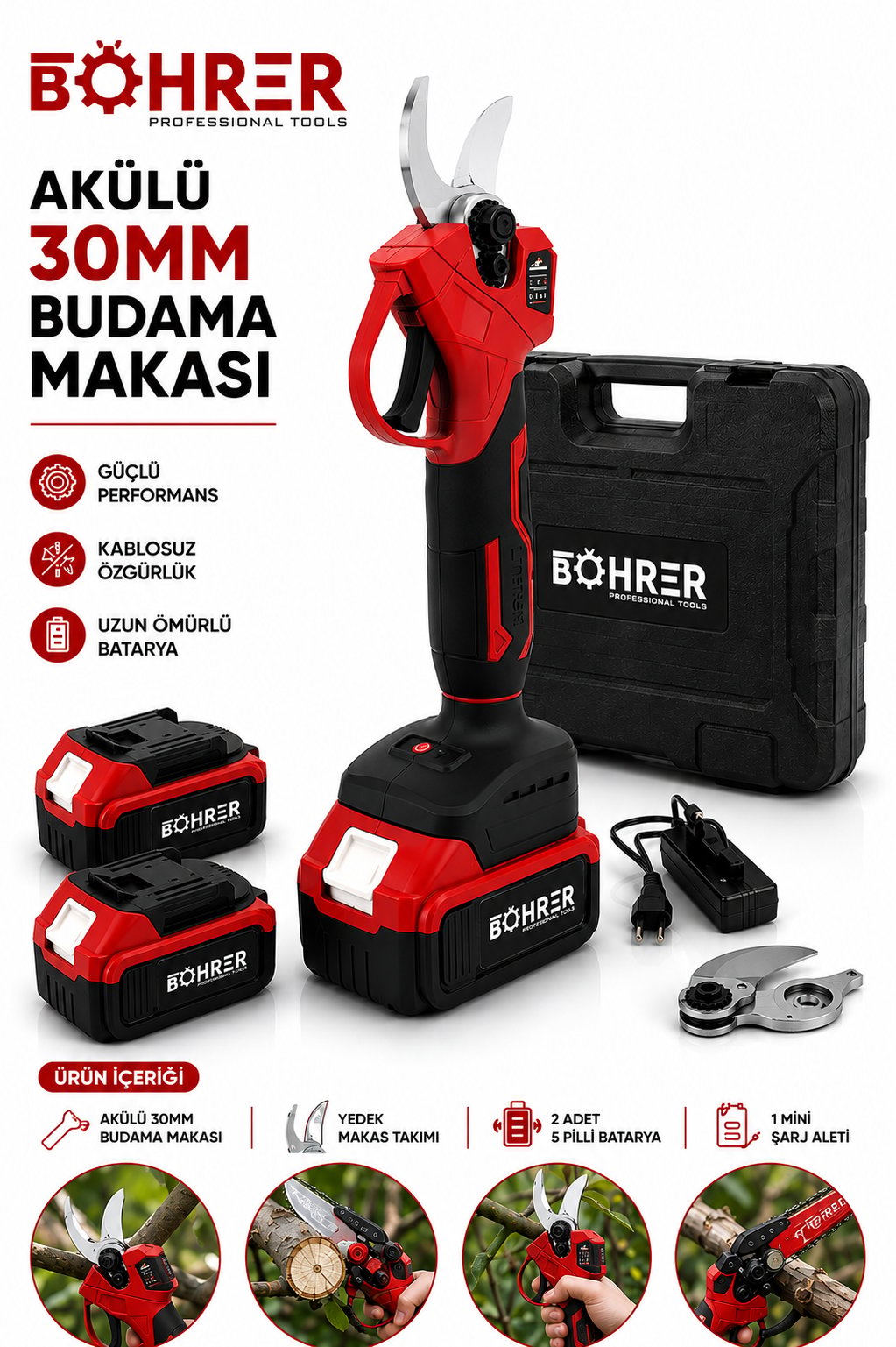 BÖHRER BA011367 ÇİFT KADEMELİ ÇİFT AKÜLÜ DAL BUDAMA BAĞ MAKASI - 36V 5AH