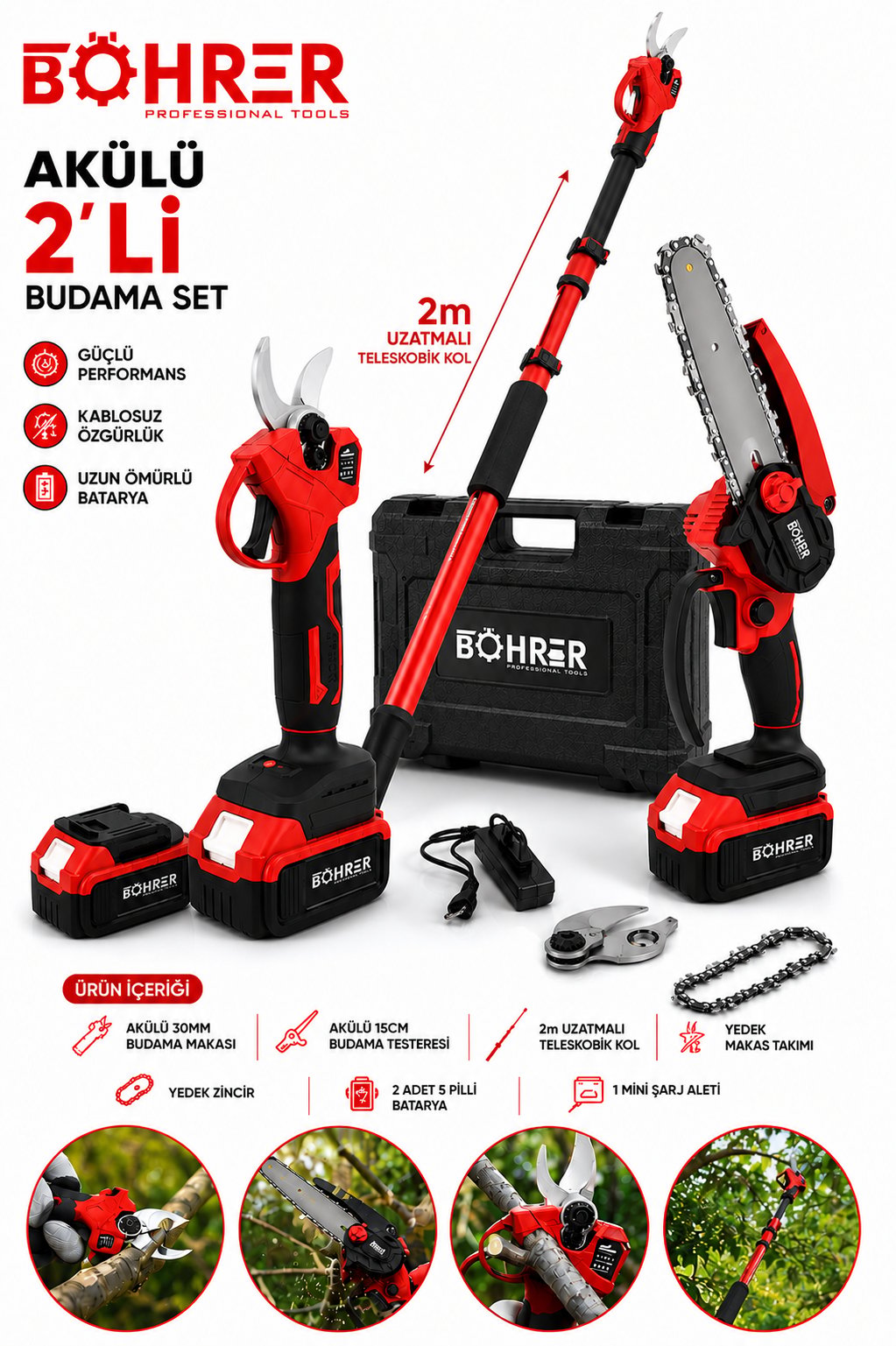 BÖHRER BA011372 3LÜ BAHÇE SETİ +30MM BUDAMA MAKASI +10-15CM BUDAMA TESTERESİ + TELESKOPİK KOL