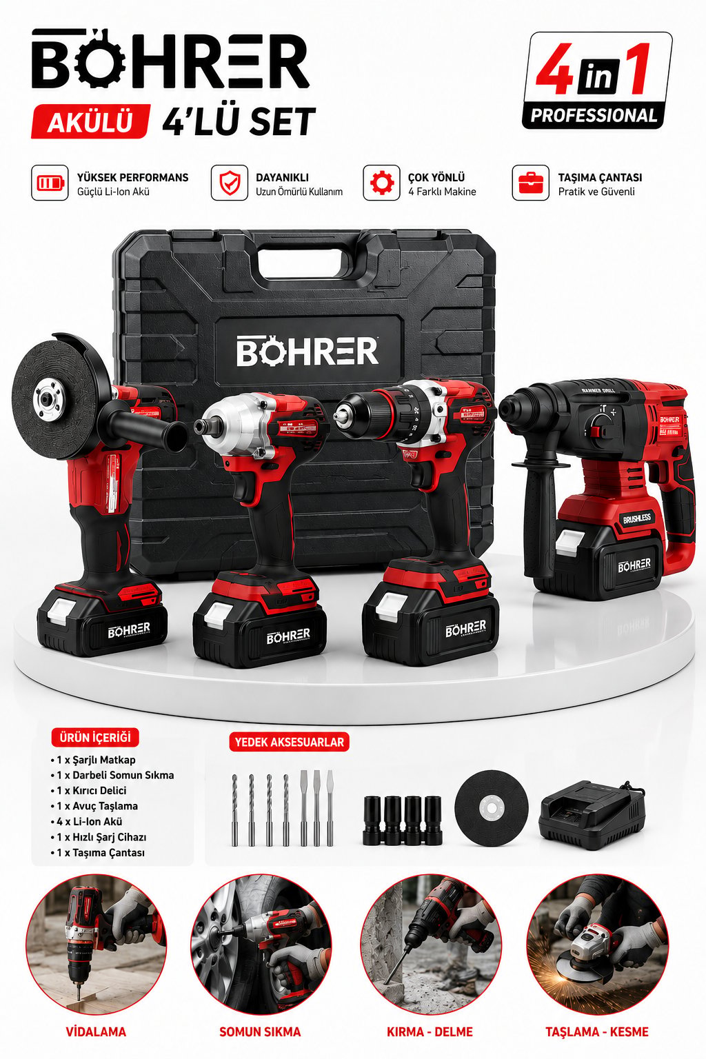 BÖHRER BA011389 4 MAKİNE KOMBO SET 36V 5AH - 4 BATARYA 1 ŞARJ ALETİ