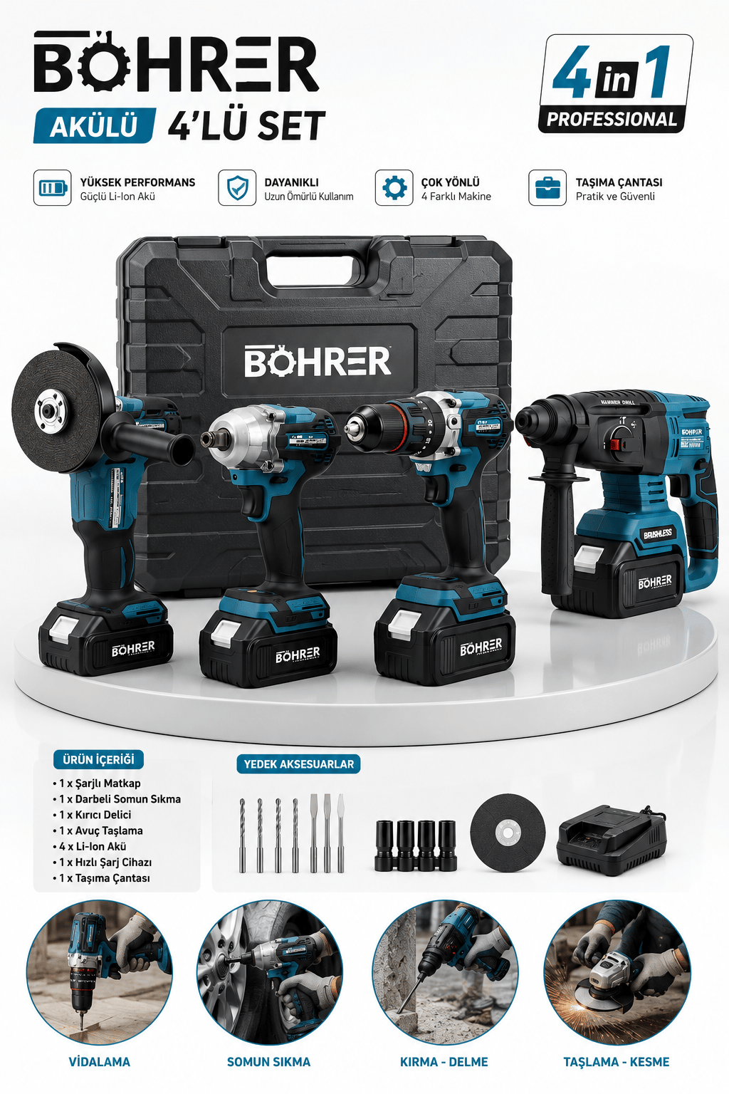 BÖHRER BA011390 AKÜLÜ 4 BATARYA 1 ŞARJ ALETİ KOMBO MAKİNE SET - 36V 5AH