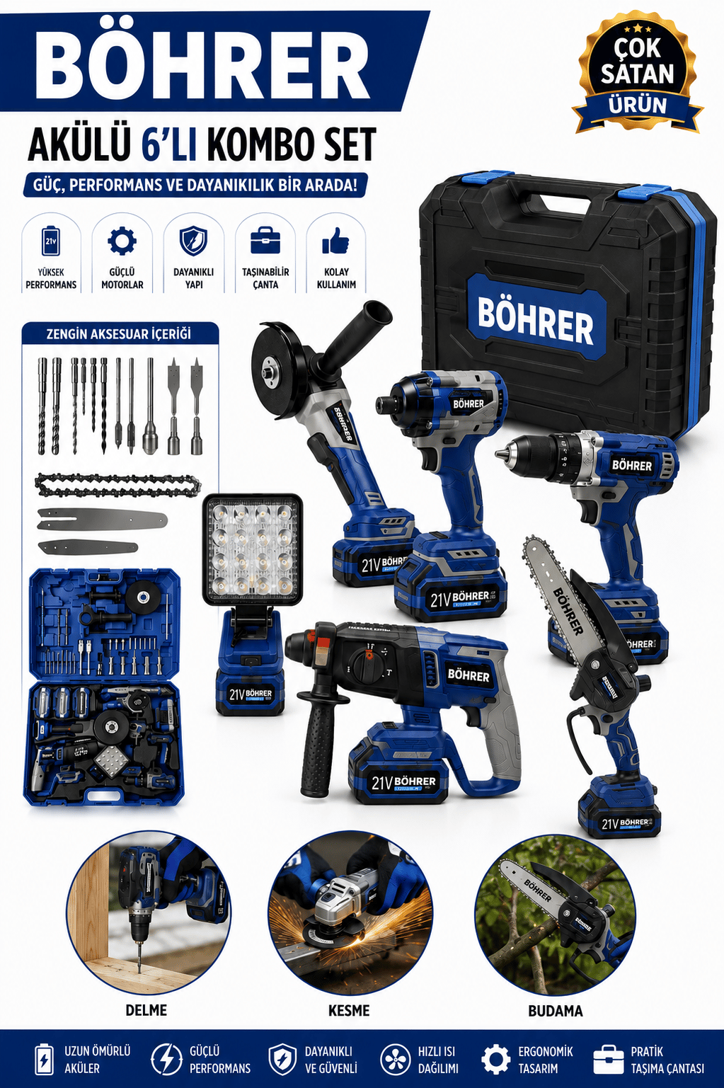 BÖHRER BA011402 PRO SERİSİ AKÜLÜ KOMBO 6 SET MAKİNE - 36V 5AH - 2 SENE GARANTİLİ