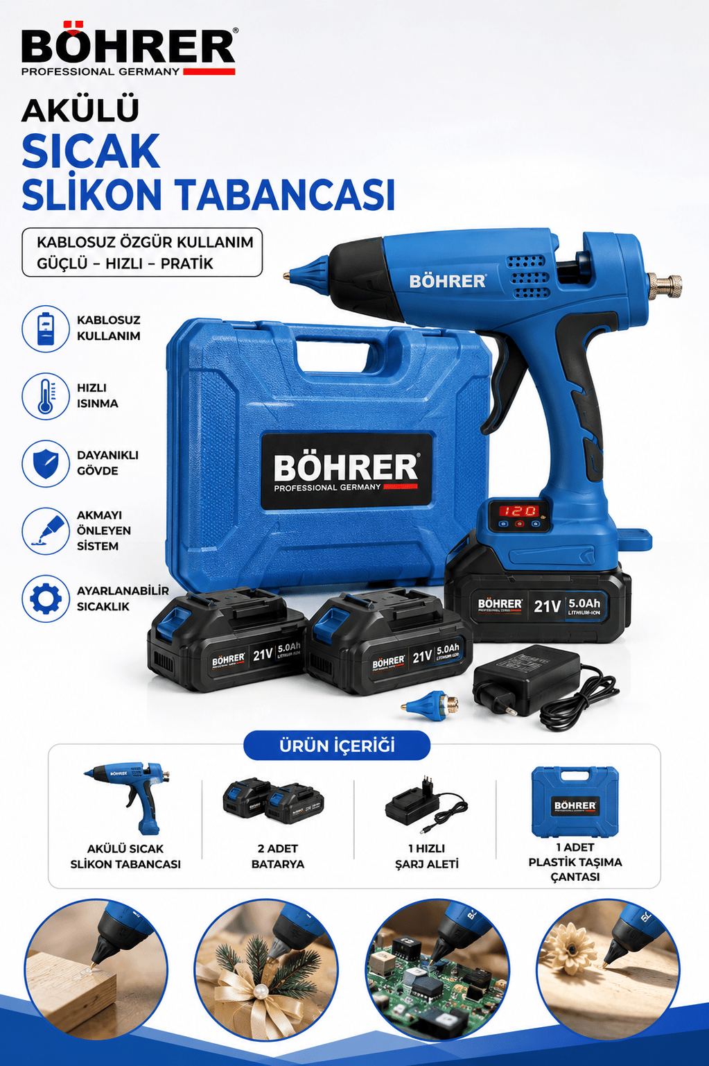 BÖHRER BA011412 AKÜLÜ YENİ MODEL SICAK SLİKON TABANCASI - 36V 5AH 