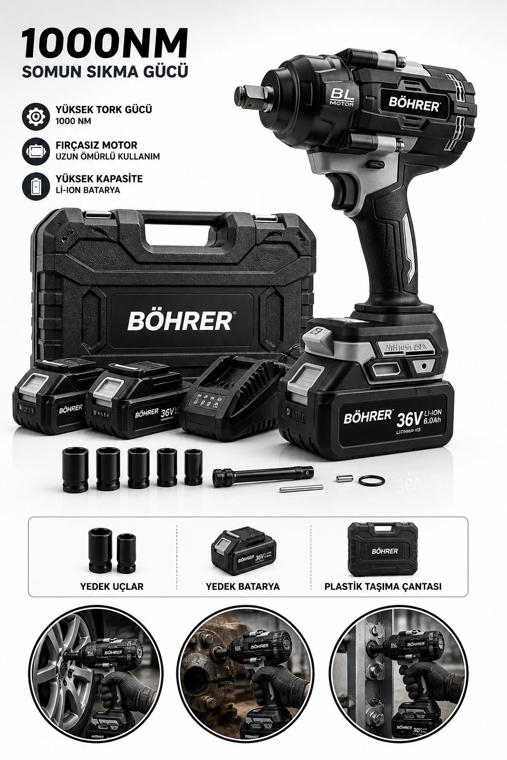 BÖHRER BA011416 BİJON SÖKME 2 AKÜLÜ 1000NM PROFESYONEL SOMUN SIKMA MAKİNESİ - 15 PİLLİ 36V 5AH
