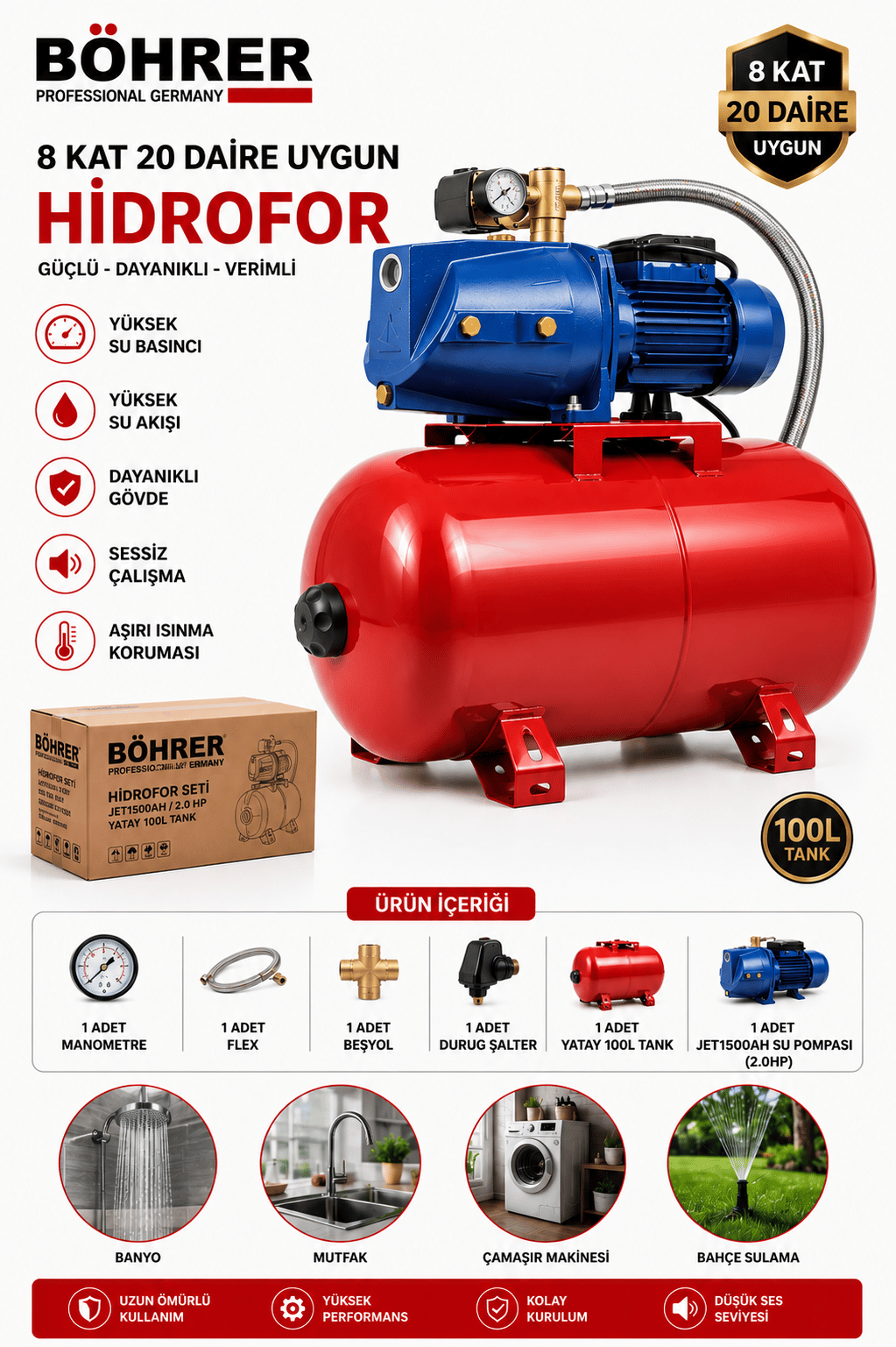 BÖHRER BA011423 8 KAT 25 DAİRE KADAR UYGUN 100L 2HP OTOMATİK AÇ KAPA HİDROFOR - BAKIR SARGILI