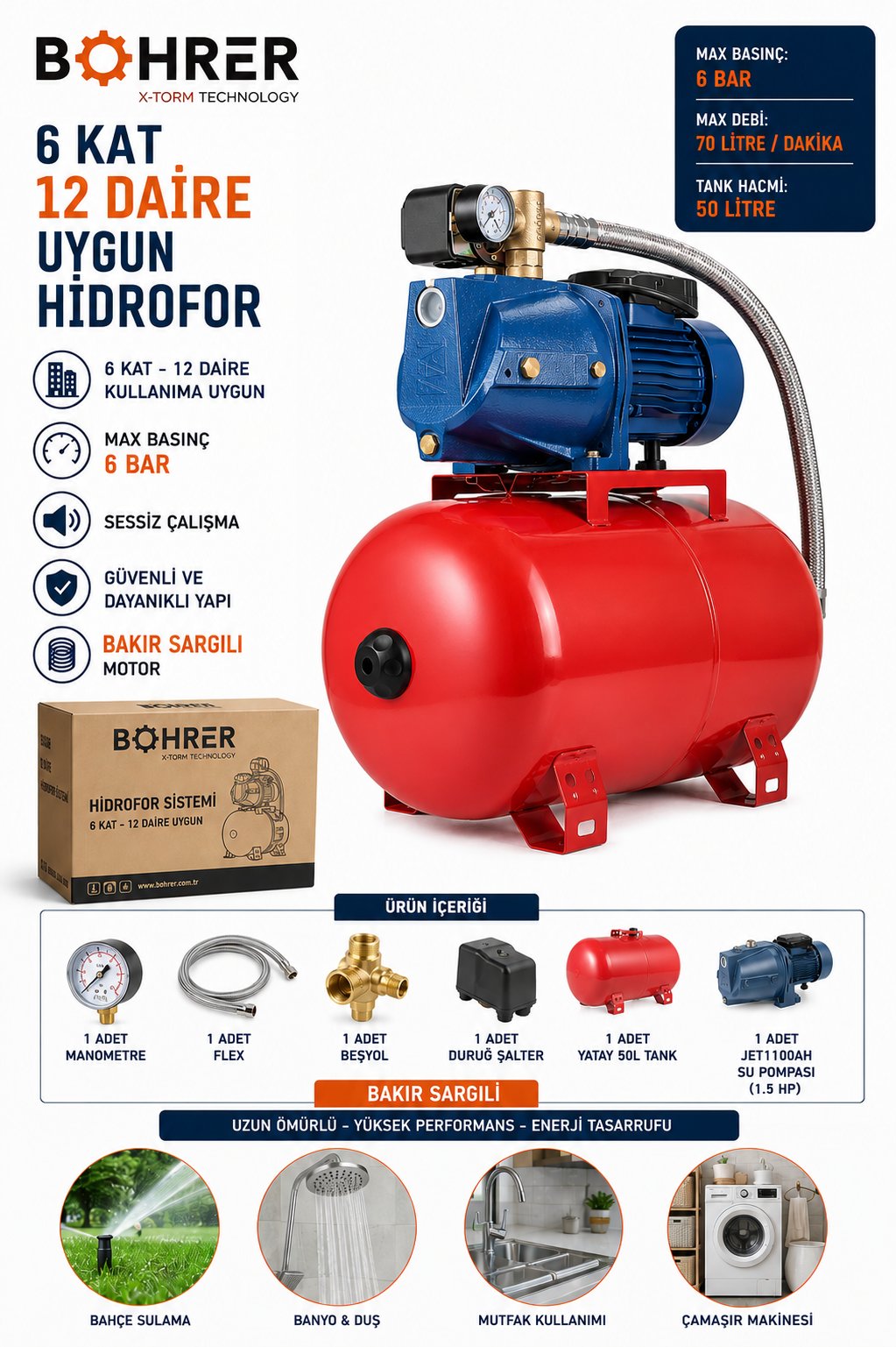 BÖHRER BA011428 6 KAT 12 DAİRE UYGUN 1.5 HP 50L OTOMATİK HİDROFOR SU POMPASI - BAKIR SARGILI