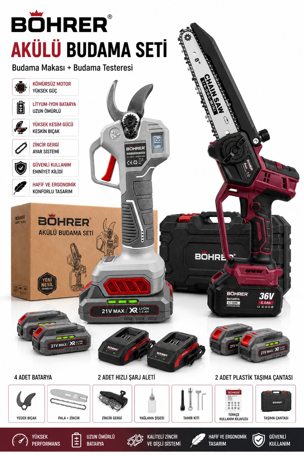 BÖHRER BA011437 PRO KÖMÜRSÜZ 2 Lİ SET 20CM BUDAMA TESTERESİ + 30MM DİJİTAL DAL BUDAMA MAKASI 