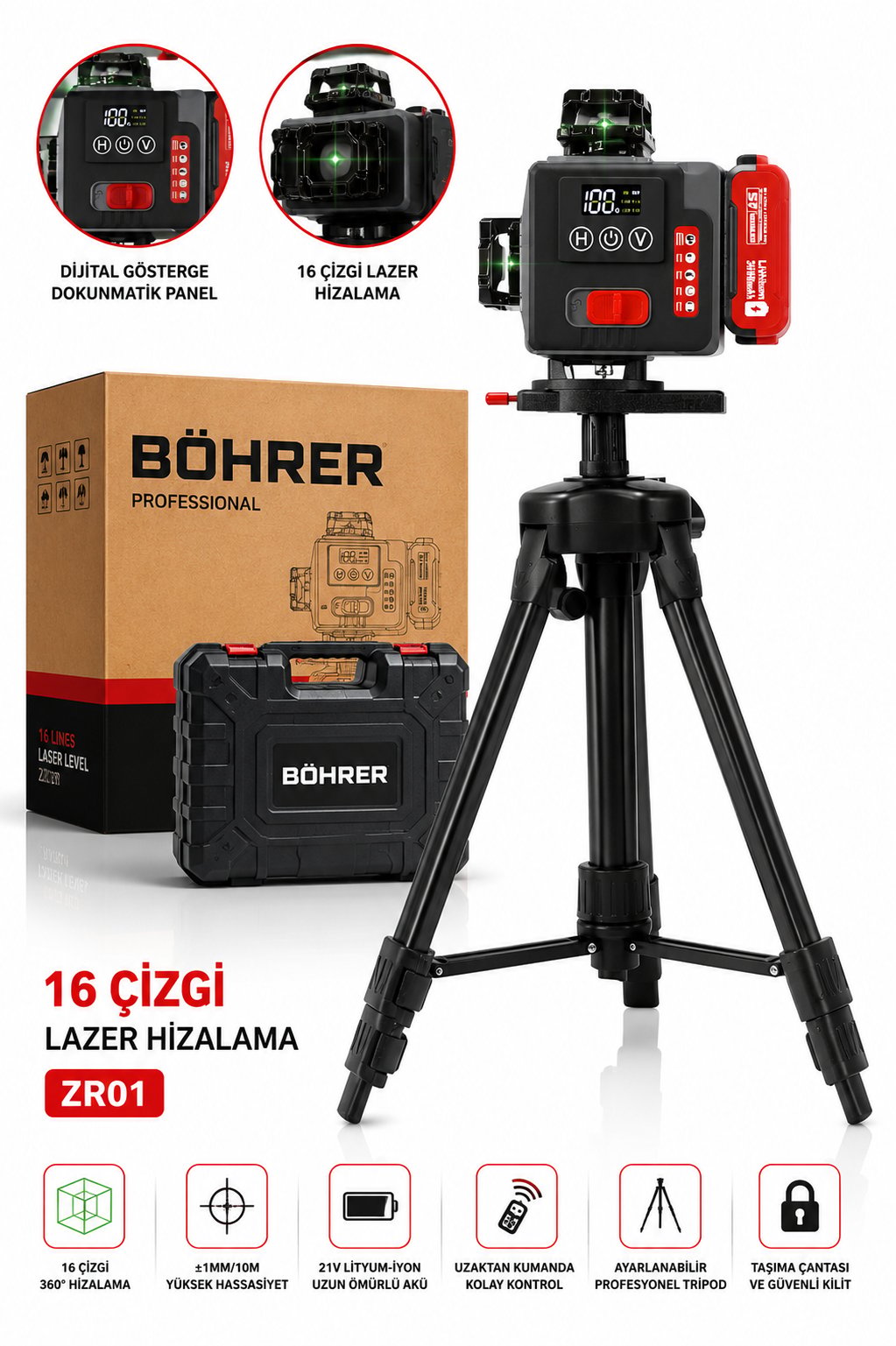 BÖHRER BA011439 2 AKÜLÜ YENİ MODEL 16 SATIR 360 DERECE 4 KÖŞE PROFESYONEL YEŞİL LAZER HİZALAMA MAKİNESİ