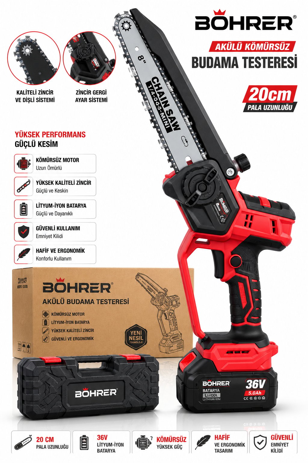 BÖHRER BA011443 2 AKÜLÜ 20CM KÖMÜRSÜZ DAL BUDAMA TESTERESİ
