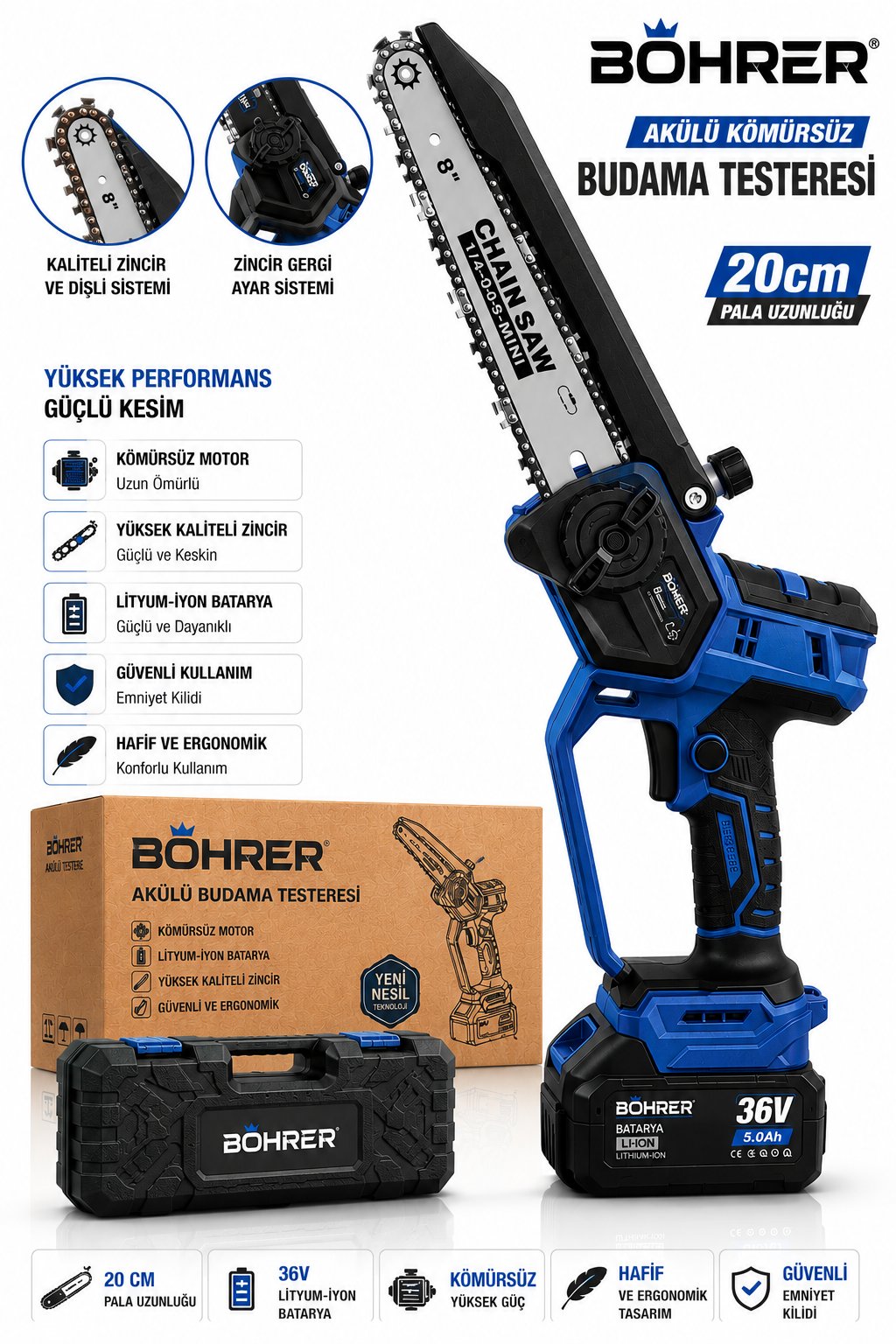 BÖHRER BA011452 ÇİFT BATARYA PRO 20CM BUDAMA TESTERESİ - 10 PİLLİ 36V 5AH