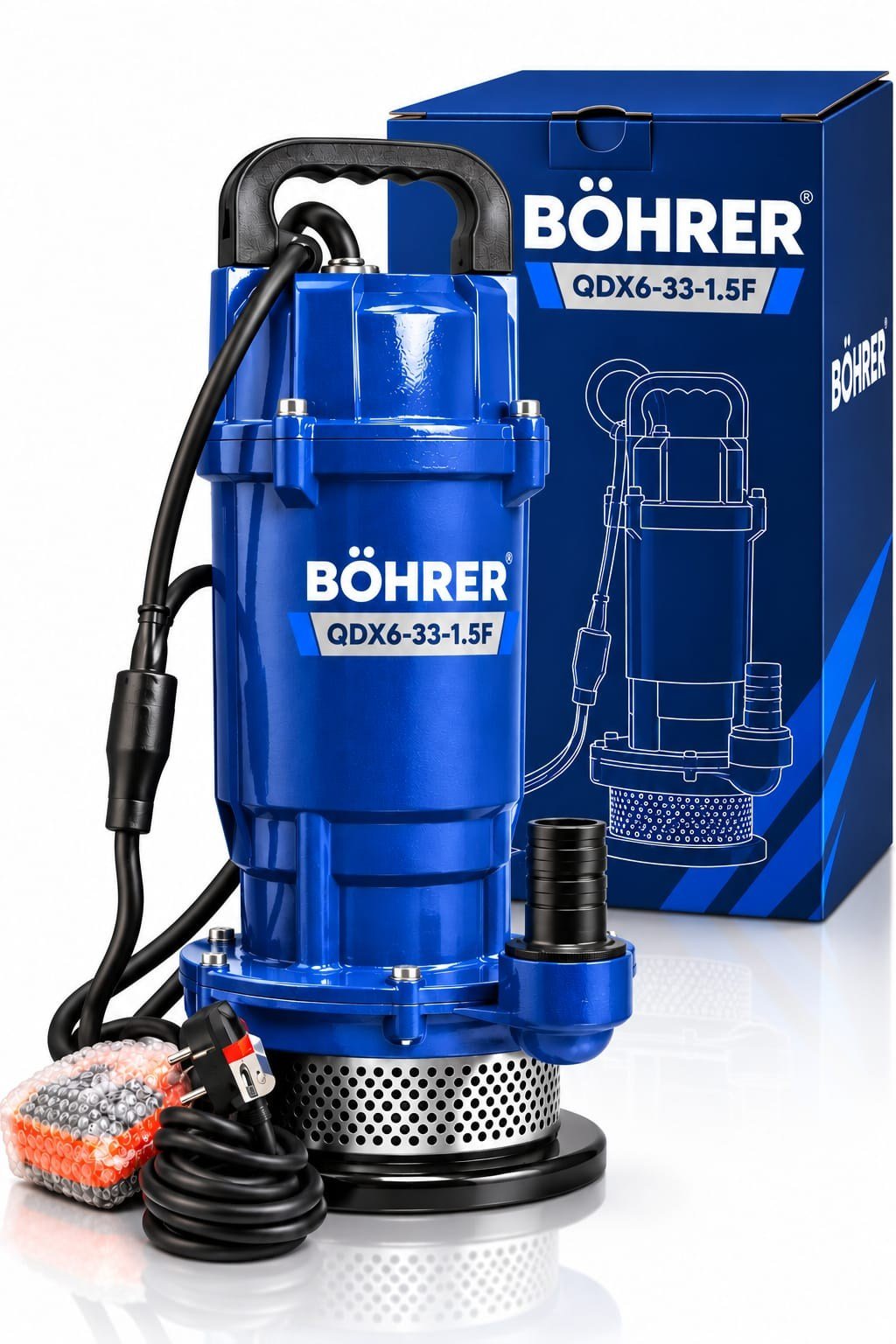 BÖHRER BA0115505 QDX6-33-1.5F 1500W 2 HP Temiz Su Dalgıç Pompası – 40 Metre Basma Yüksekliği, Bakır Sargılı