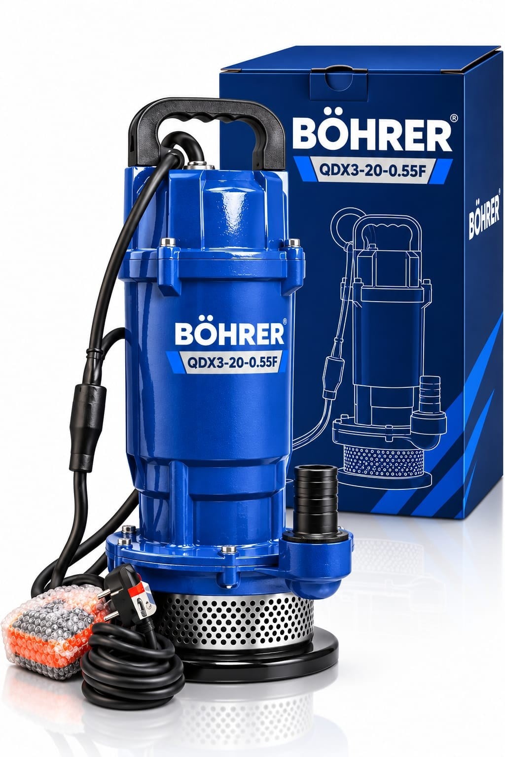 BÖHRER BA0115507 QDX3-20-0.55F 550W 0,75 HP Temiz Su Dalgıç Pompası – 20 Metre Basma Yüksekliği, Bakır Sargılı