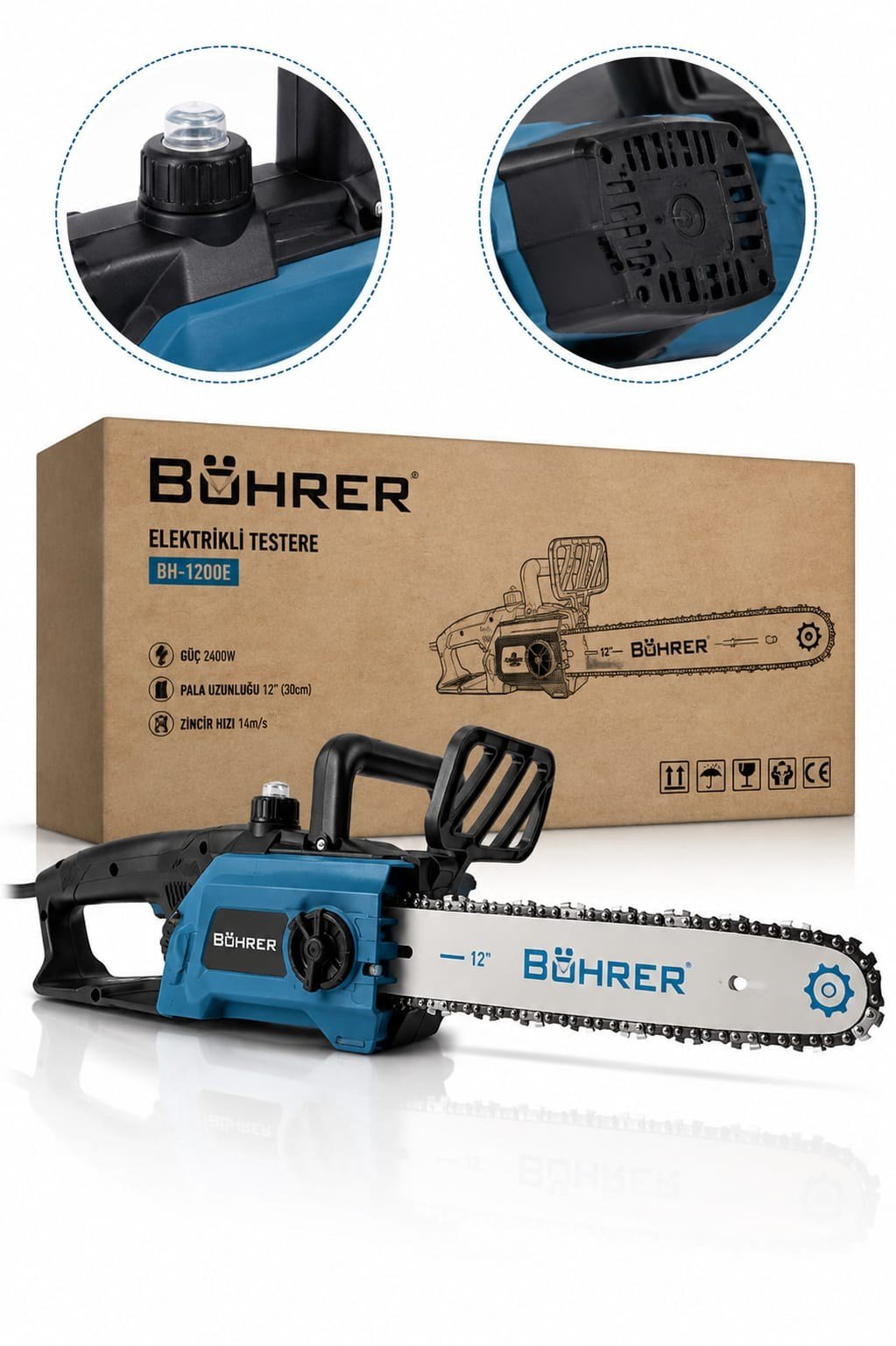 BÖHRER BH-1200E 2400W Elektrikli Zincirli Testere – 12 İnç (30 cm) Pala, 14 m/sn Zincir Hızı