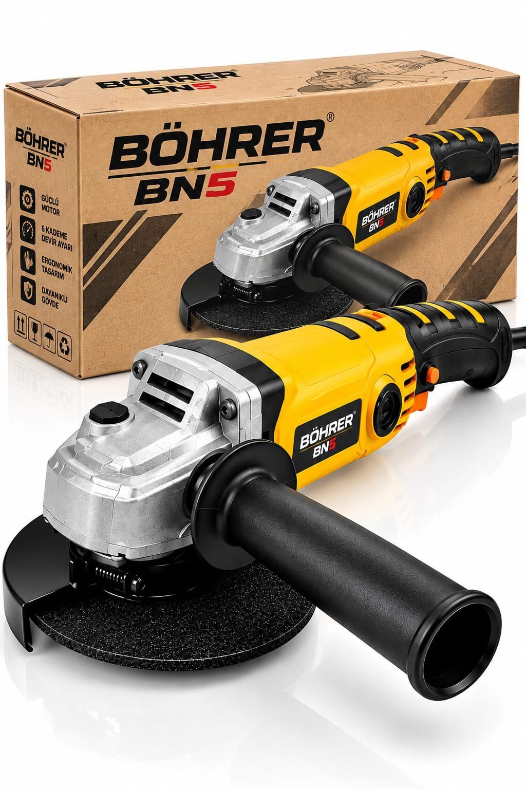 BÖHRER BN5 Elektrikli Avuç Taşlama Makinesi – 6 Kademeli Devir Ayarlı, Yan Saplı ve Koruyucu Siperlikli