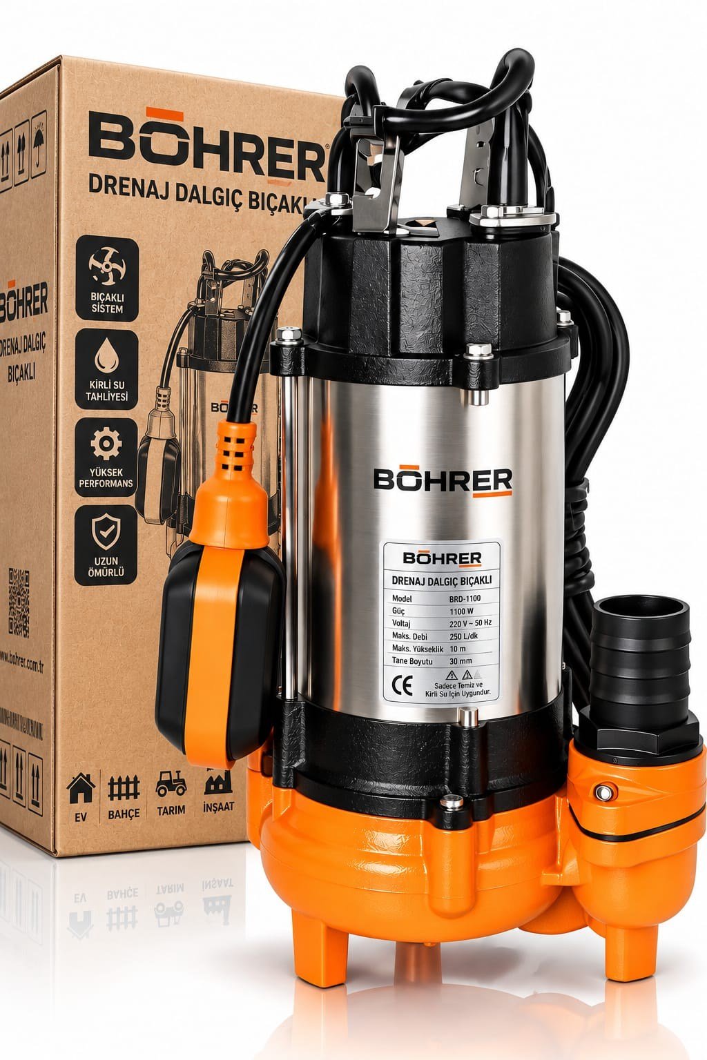 BÖHRER BRD-1100 Bıçaklı Drenaj Dalgıç Pompa – 1100 W, 250 L/DK Maksimum Debi, 10 m Basma Yüksekliği, Kirli Su Pompası
