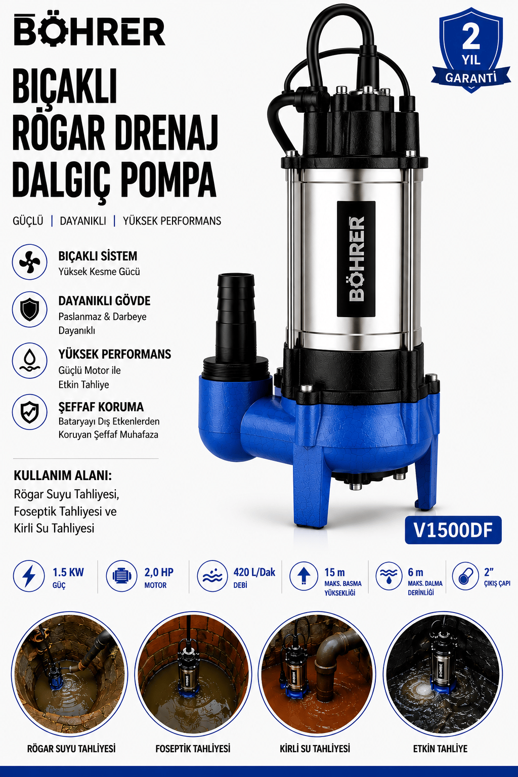 BÖHRER V1500DF Bıçaklı Rögar Drenaj Dalgıç Pompa 2 HP 420 L/Dak Foseptik, Kirli Su ve Atık Su Tahliye Pompası 2