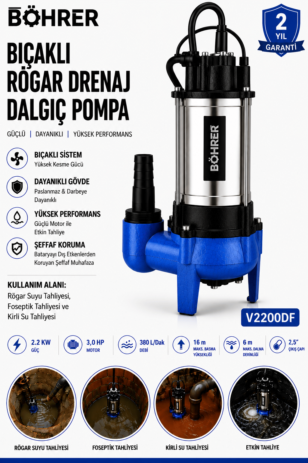 BÖHRER V2200DF Parçalayıcı Bıçaklı Rögar Drenaj Dalgıç Pompa 3 HP 380 L/Dak Foseptik, Atık Su ve Kirli Su Tahliye Pompası 2.5