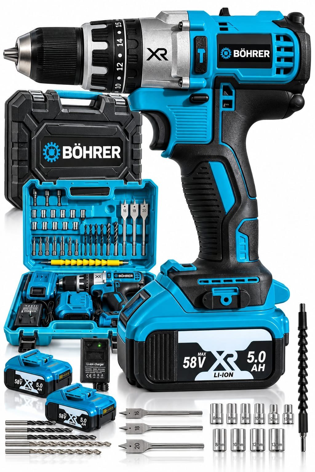BÖHRER XR 58V 5.0 Ah Akülü Darbeli Matkap Vidalama Seti – Tork Ayarlı, Matkap ve Vidalama Uçlu, Taşıma Çantalı