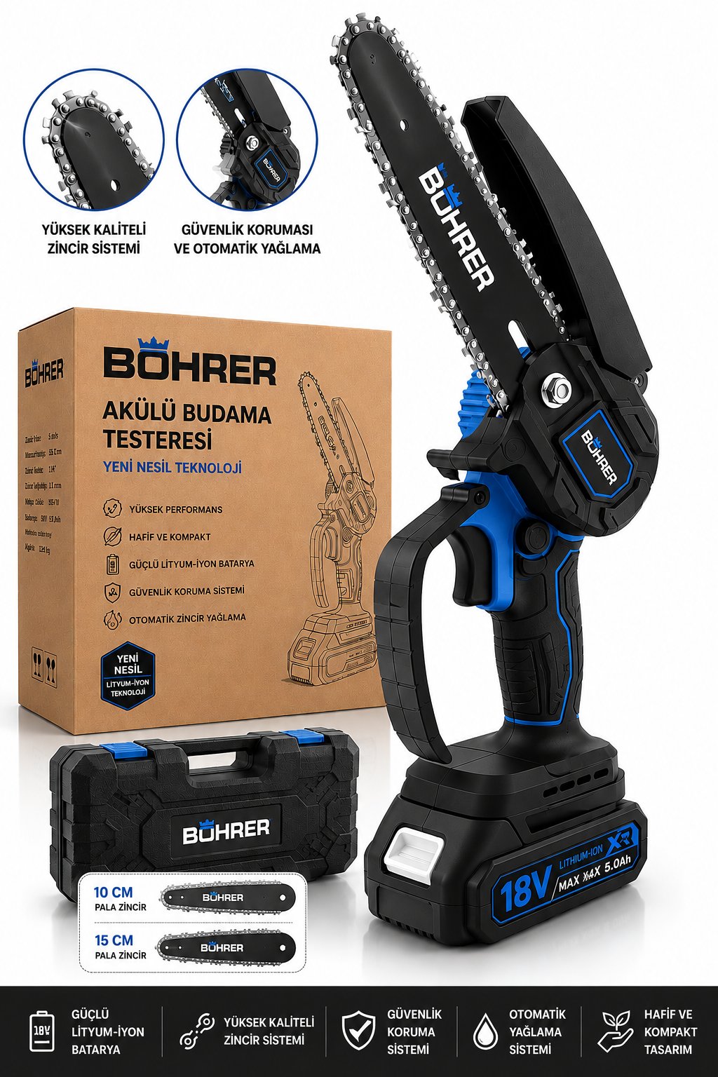 BÖRHER BA011435 2 AKÜLÜ 10 VE 15CM PALA ZİNCİRLİ ZİNCİRLİ DAL BUDAMA TESTERESİ - 21V 1.5AH 