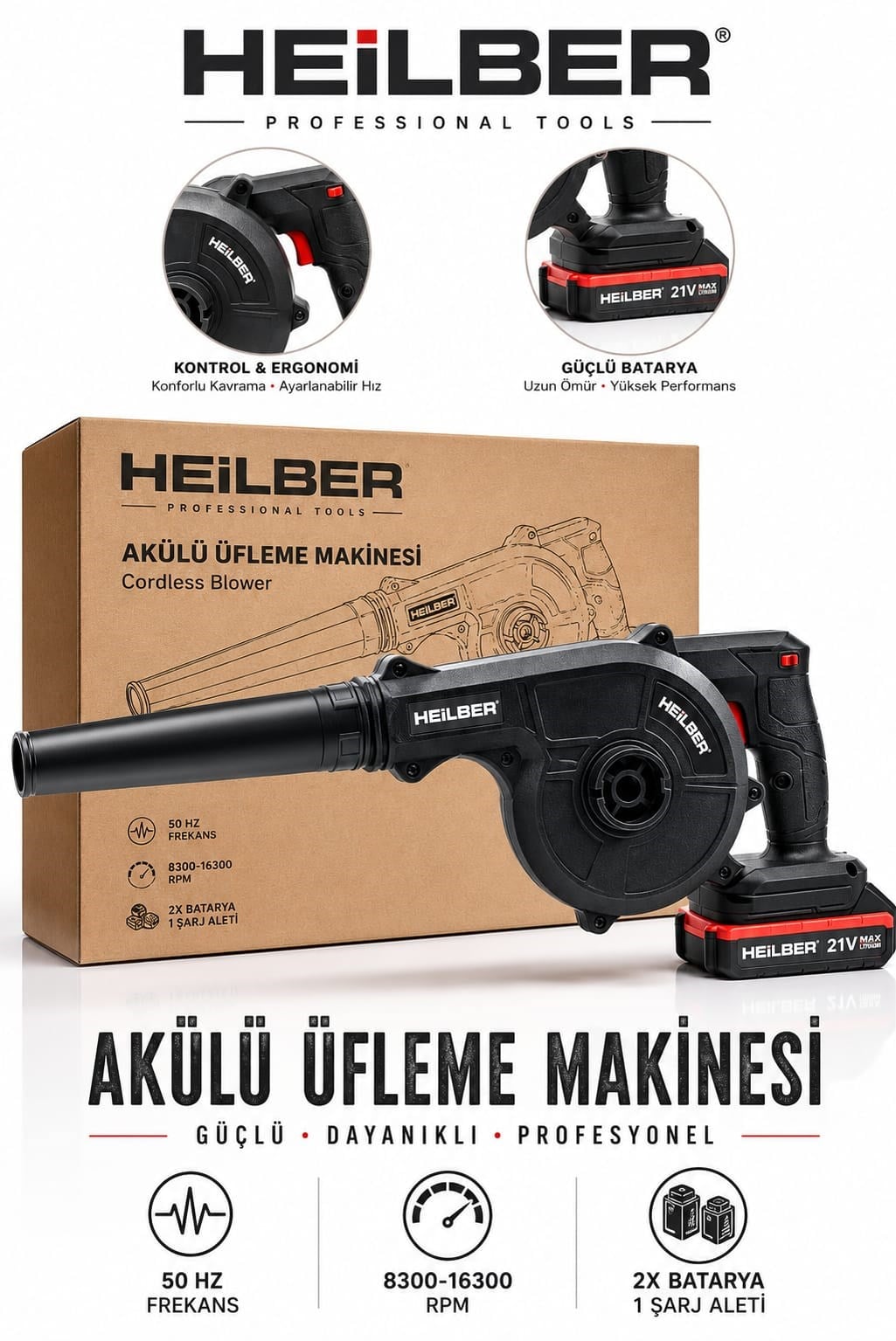 HEILBER Akülü Üfleme Makinesi 21V Yaprak ve Toz Üfleme Blower 2 Batarya 1 Şarj Aleti Hız Ayarlı
