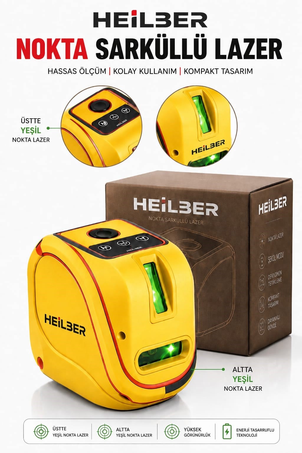 HEİLBER Yeşil Nokta Şaküllü Lazer Hizalama Cihazı Profesyonel Lazer Terazi Kompakt