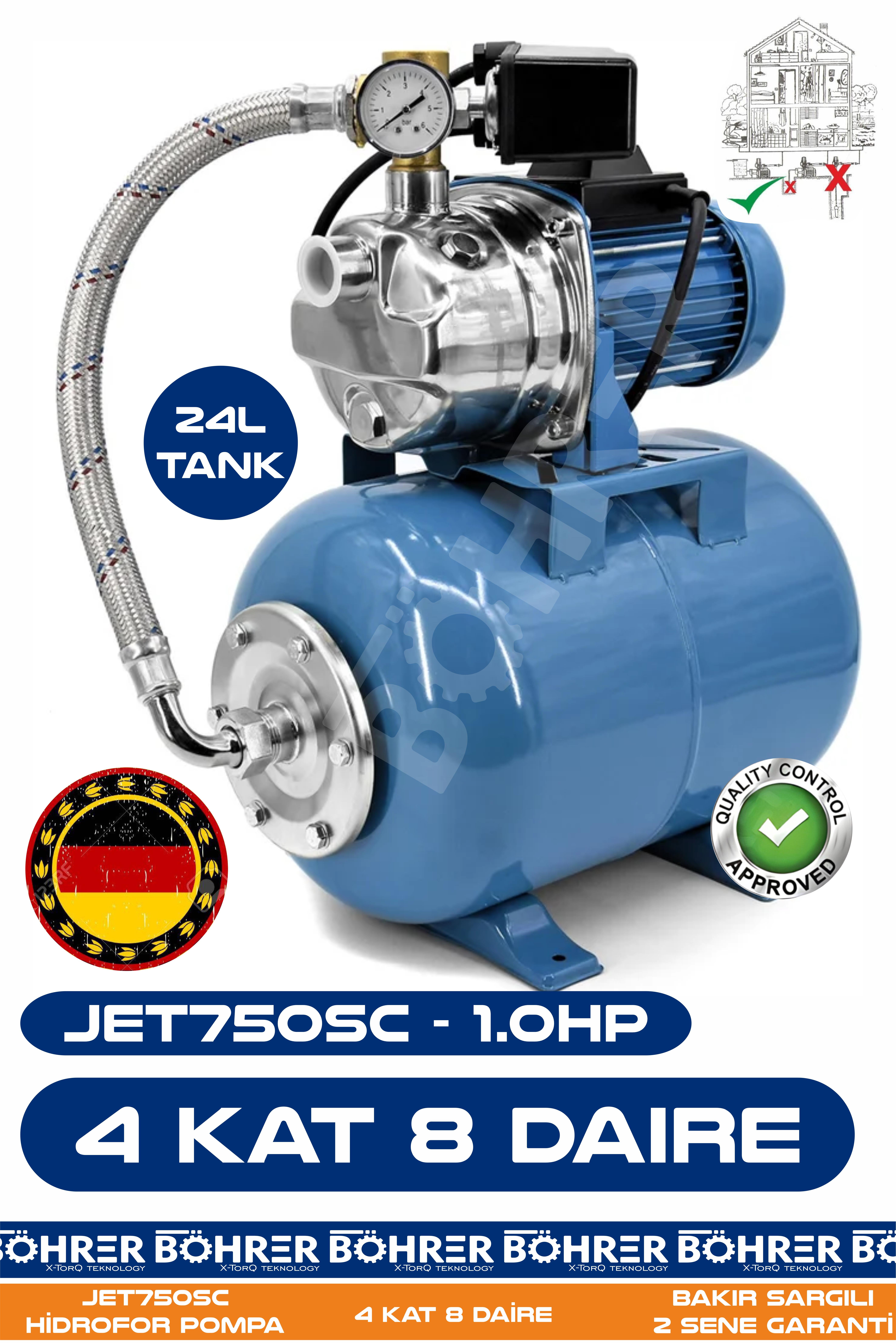 JET750SC 1.0 HP Paslanmaz Giriş Çıkış 24L Yatay Genleşme Tank  -- Otomatik Hidrofor Bina Bahçe Su Pompası – 4 Kat 8 Daire - Su Basıncında Profesyonel Çözüm