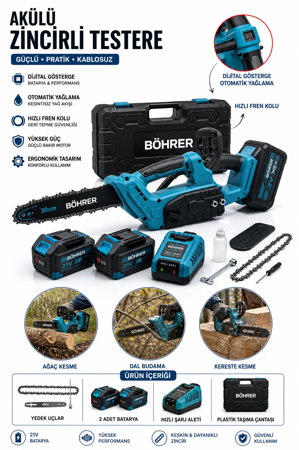 PRO 12'' 30CM ÇİFT AKÜLÜ 21V 4AH AKÜLÜ BUDAMA TESTERESİ