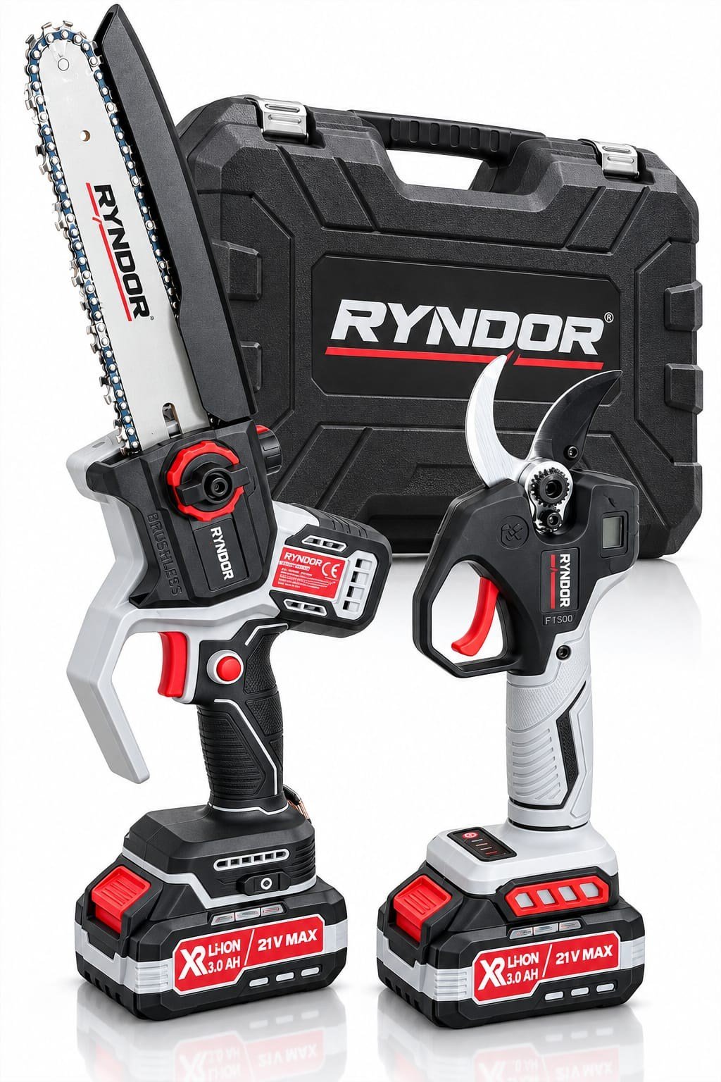 RYNDOR 21V Max 3.0 Ah Akülü Budama Testeresi ve Budama Makası Seti – Çift Akülü, Taşıma Çantalı Bahçe Bakım Seti