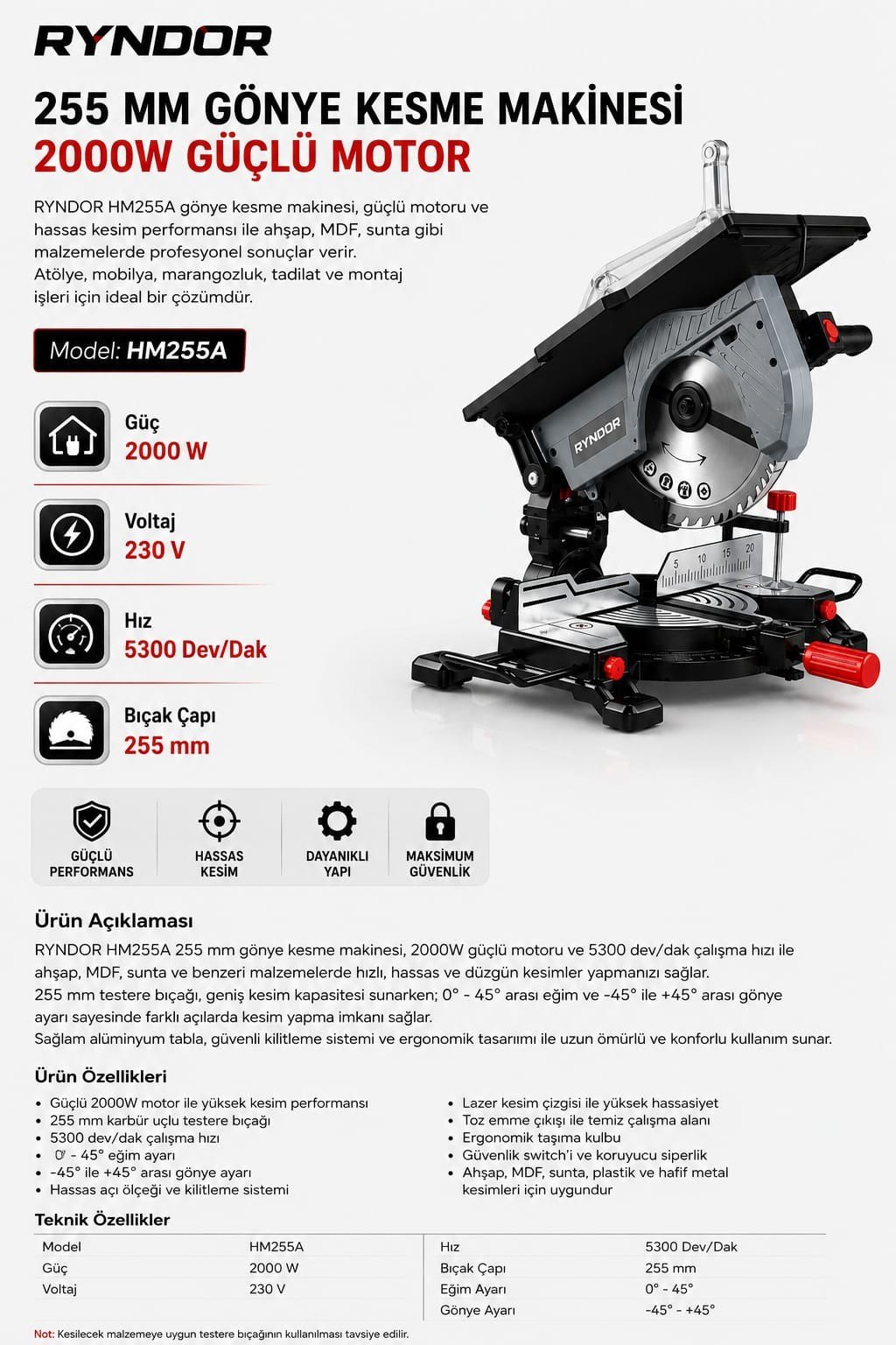 RYNDOR HM255A 255 mm Gönye Kesme Makinesi 2000W 5300 Devir – Profesyonel Ahşap MDF Sunta Açılı Kesim Makinesi