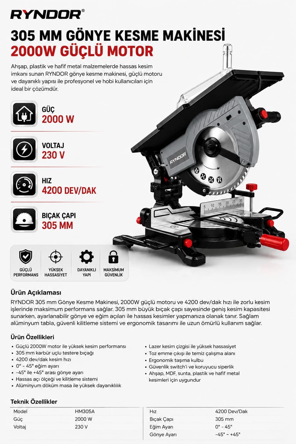 RYNDOR HM305A 305 mm Gönye Kesme Makinesi 2000W 4200 Devir – Lazerli Profesyonel Ahşap MDF Sunta Kesme Makinesi