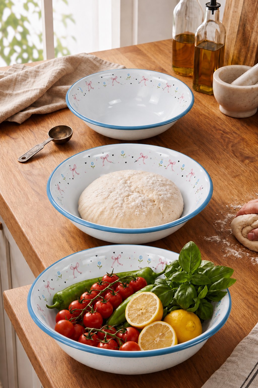 32-36-40 Cm 3 Parça  Emaye Leğen Çırpma Ve Karıştırma Kabı Seti. Hamur Leğeni. Meyvelik. Çeyiz. Büyük Kase