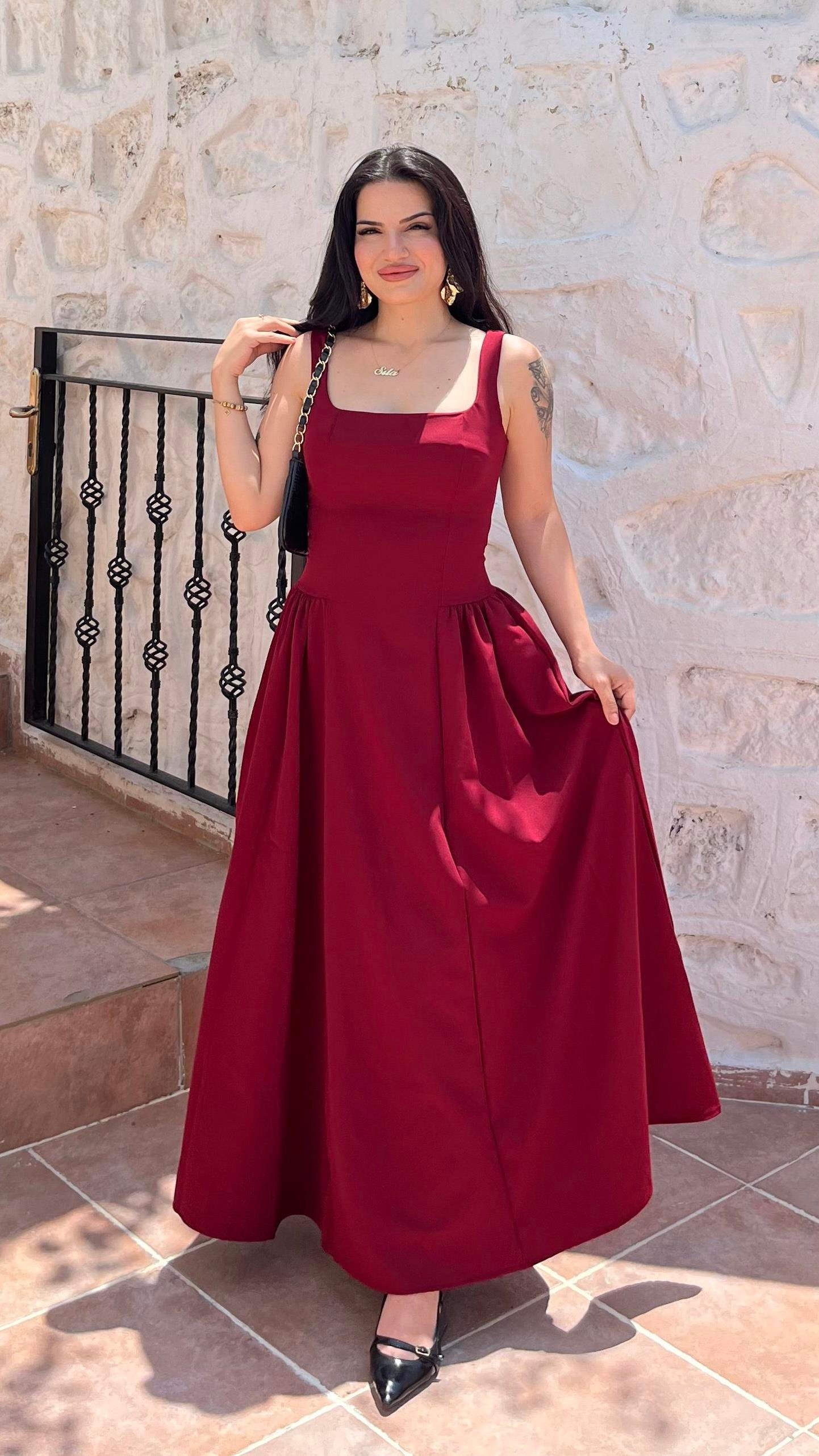 BORDO KARE YAKA ELBİSE
