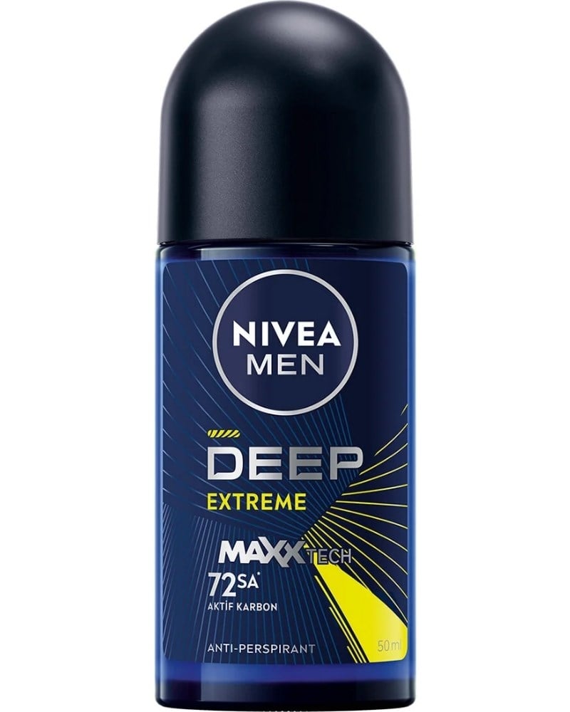NIVEA Men Erkek Roll-on Deodorant Deep Extreme 50ml, 72 Saat Anti-perspirant Ter Koruma, Yeni Enerji