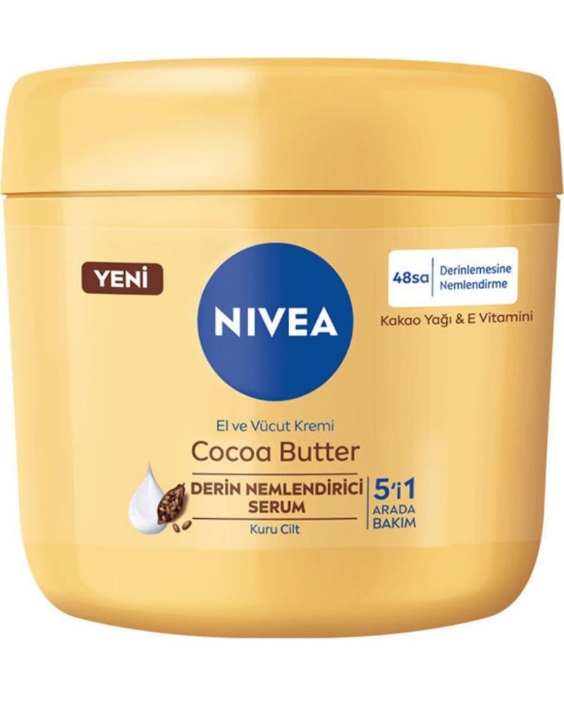 NIVEA Cocoa Butter El Ve Vücut Bakım Kremi 400ml, 48 Saat Nemlendirici Serum, E Vitamini, Kakao Yağı