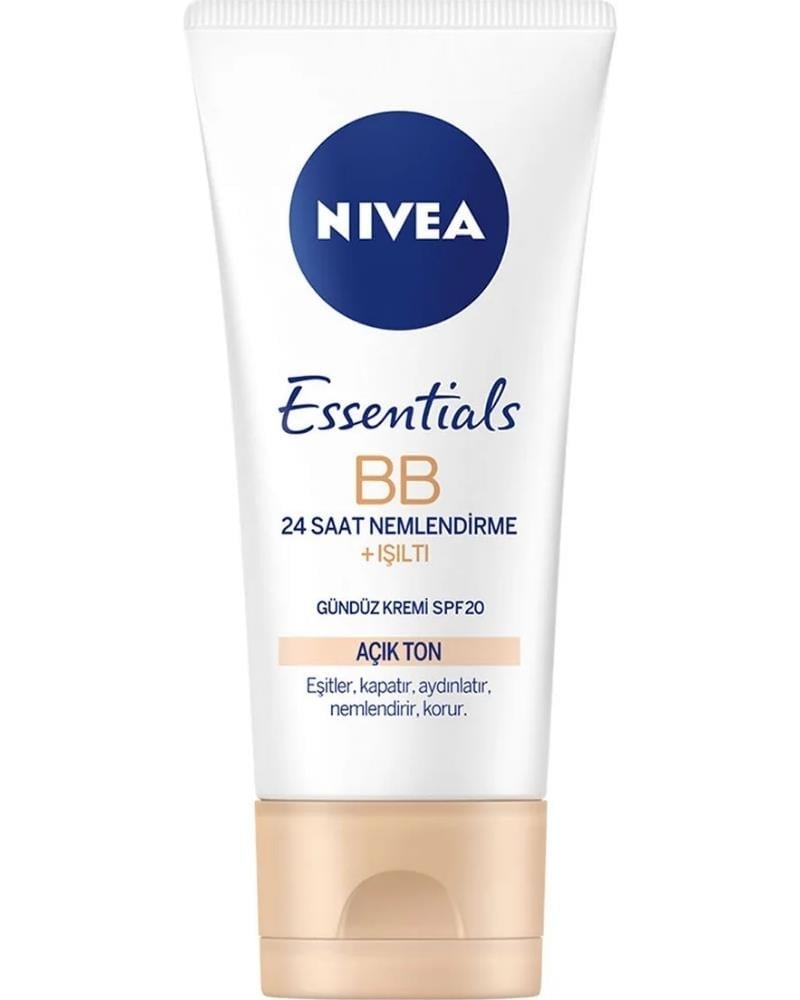 NIVEA Essentials BB Krem,24 Saat Nemlendirme + Işıltı Açık Ton Gündüz Yüz Bakım Kremi 50 ml