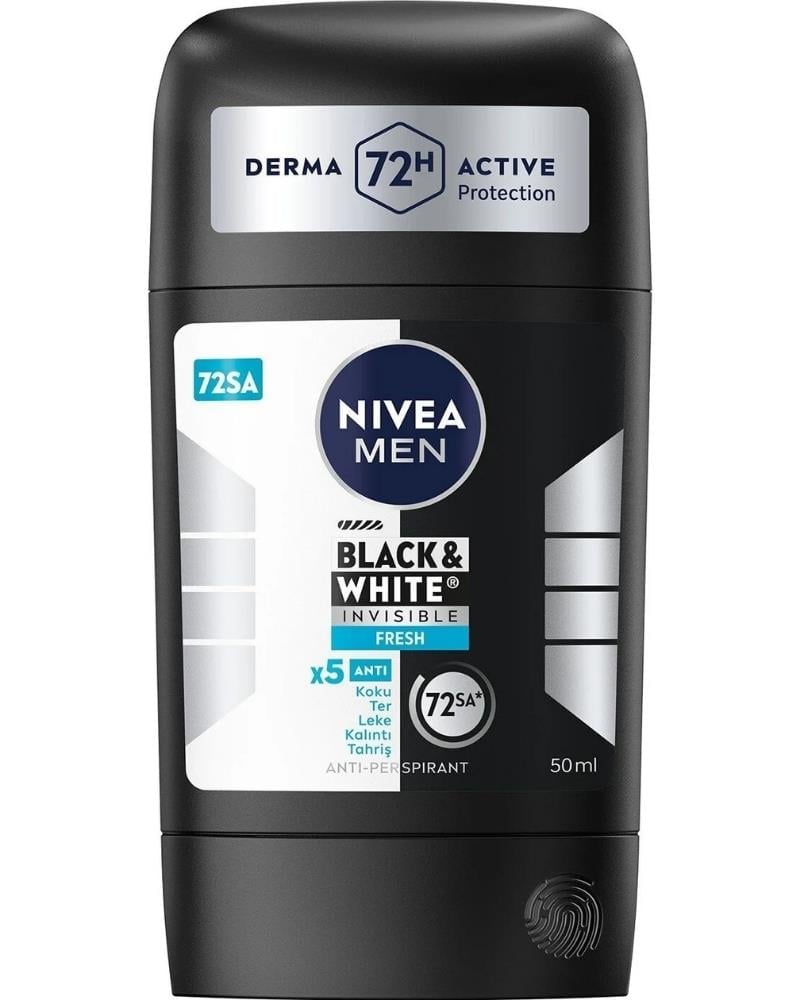 NIVEA MEN Erkek Stick Deodorant Black&White Invisible Fresh 50ml, 72 Saat Anti-perspirant Ter Koruması