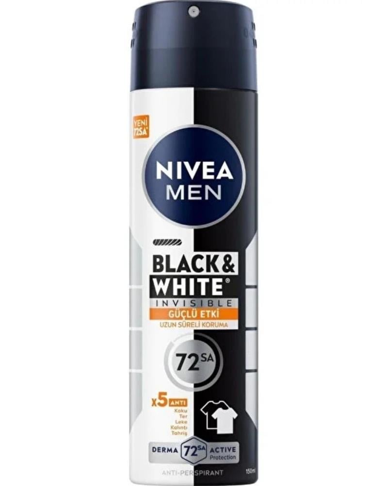 NIVEA MEN Erkek Sprey Deodorant Black&White Invisible Güçlü Etki 150ml, 72 Saat Anti-perspirant Ter Koruma