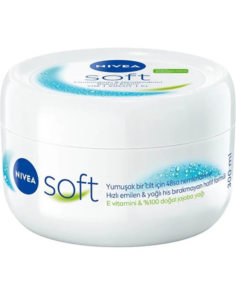 NIVEA Soft Nemlendirici Bakım Kremi 300ml, Jojoba Yağı, E Vitamini, Hızlı Emilir, El Yüz Vücut İçin