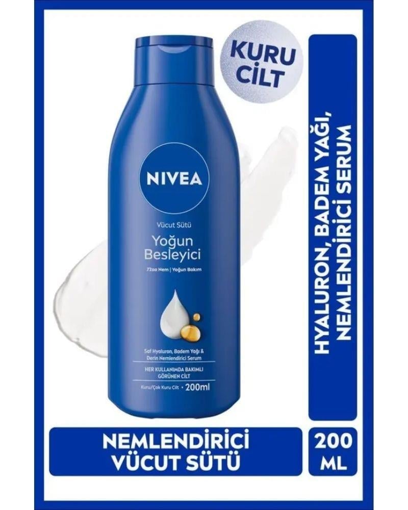 NIVEA Nemlendirici Vücut Sütü 200 ml,Yoğun Besleyici,Hyaluron,Badem Yağı,Kuru Cilt