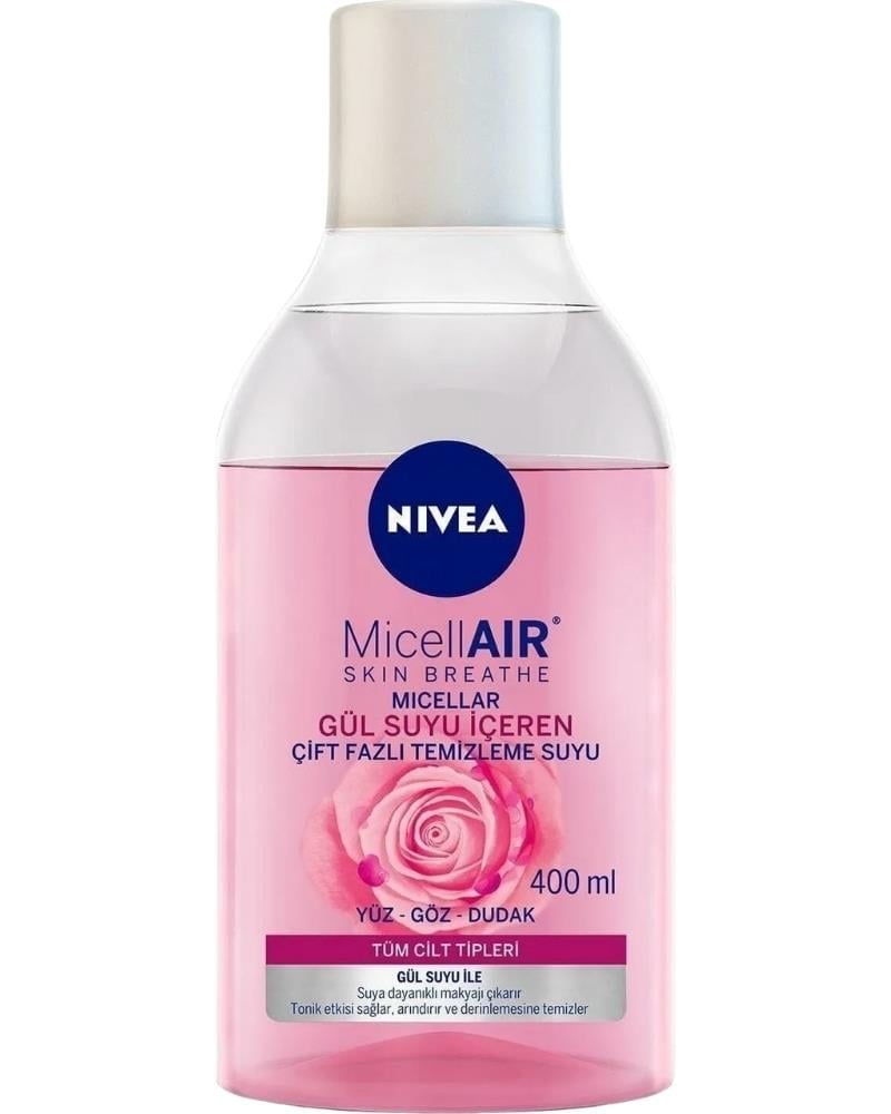 NIVEA Aqua Rose Micellar Gül Suyu Çift Fazlı Makyaj Temizleme Suyu 400ml, Yüz Göz Ve Dudak, Nemlendirici