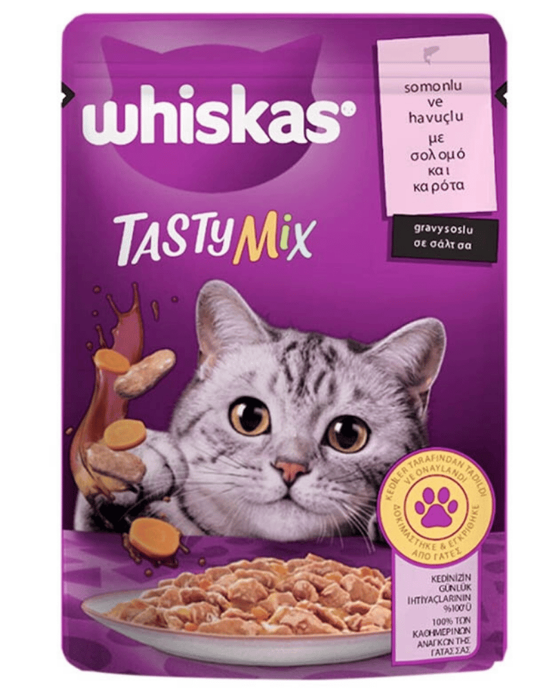 Whiskas Pouch Tasty Mix Sos Içerisinde Somonlu Ve Havuçlu Yetişkin Konserve Kedi Maması 85 gr