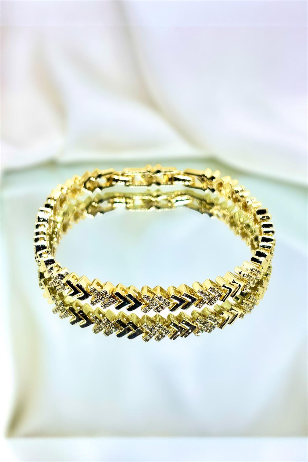 Altın Kaplama Balıksırtı Zirkon Taşlı Çelik Bileklik