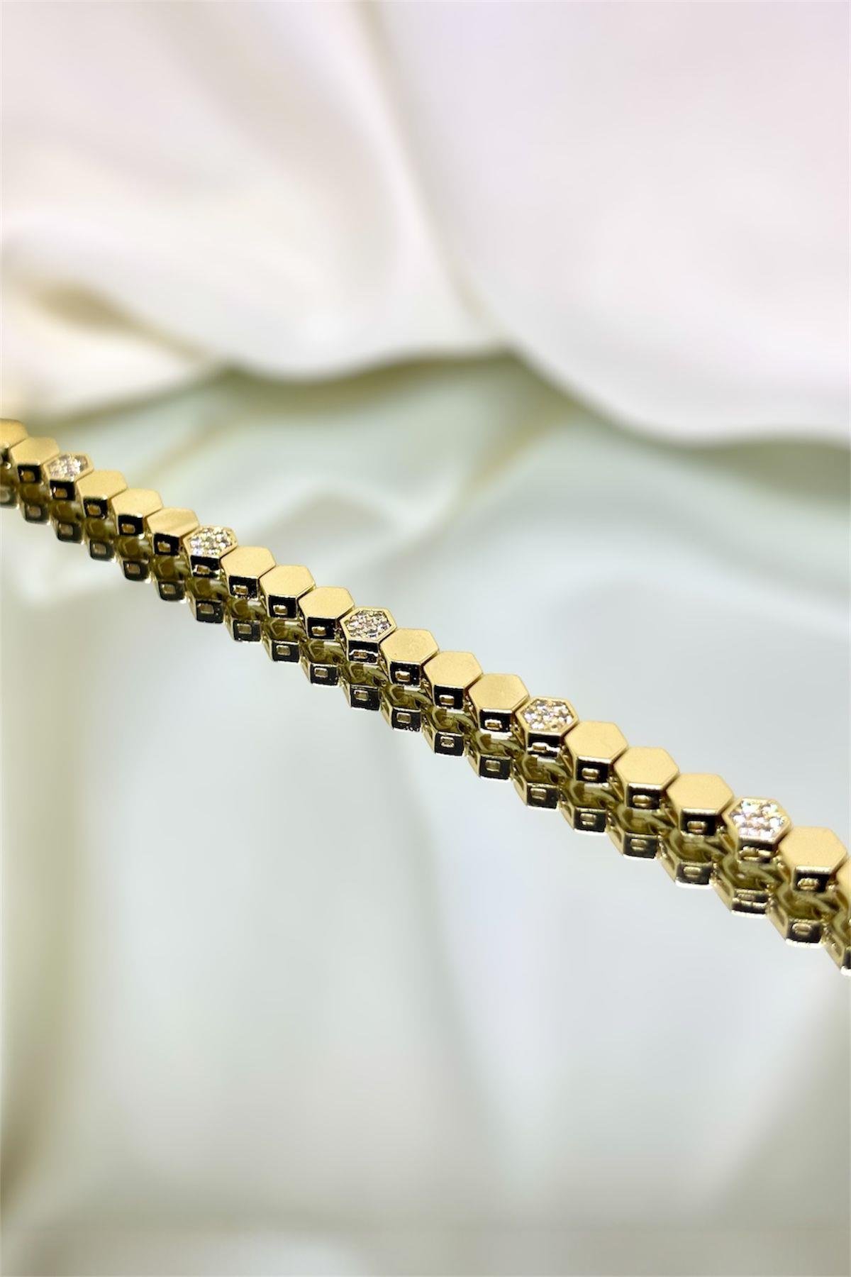 Altın Kaplama Petek Zirkon Taşlı Çelik Bileklik