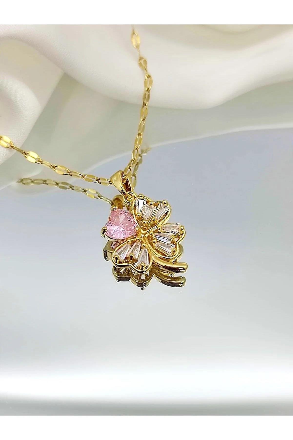 Çelik Zirkon Taş 4 Yaprak Yonca Kolye