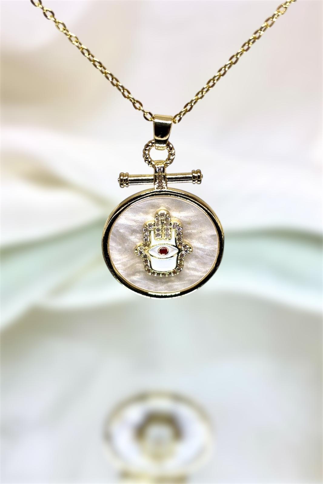 Fatma Ana Eli Beyaz Sedefli Çelik Kolye