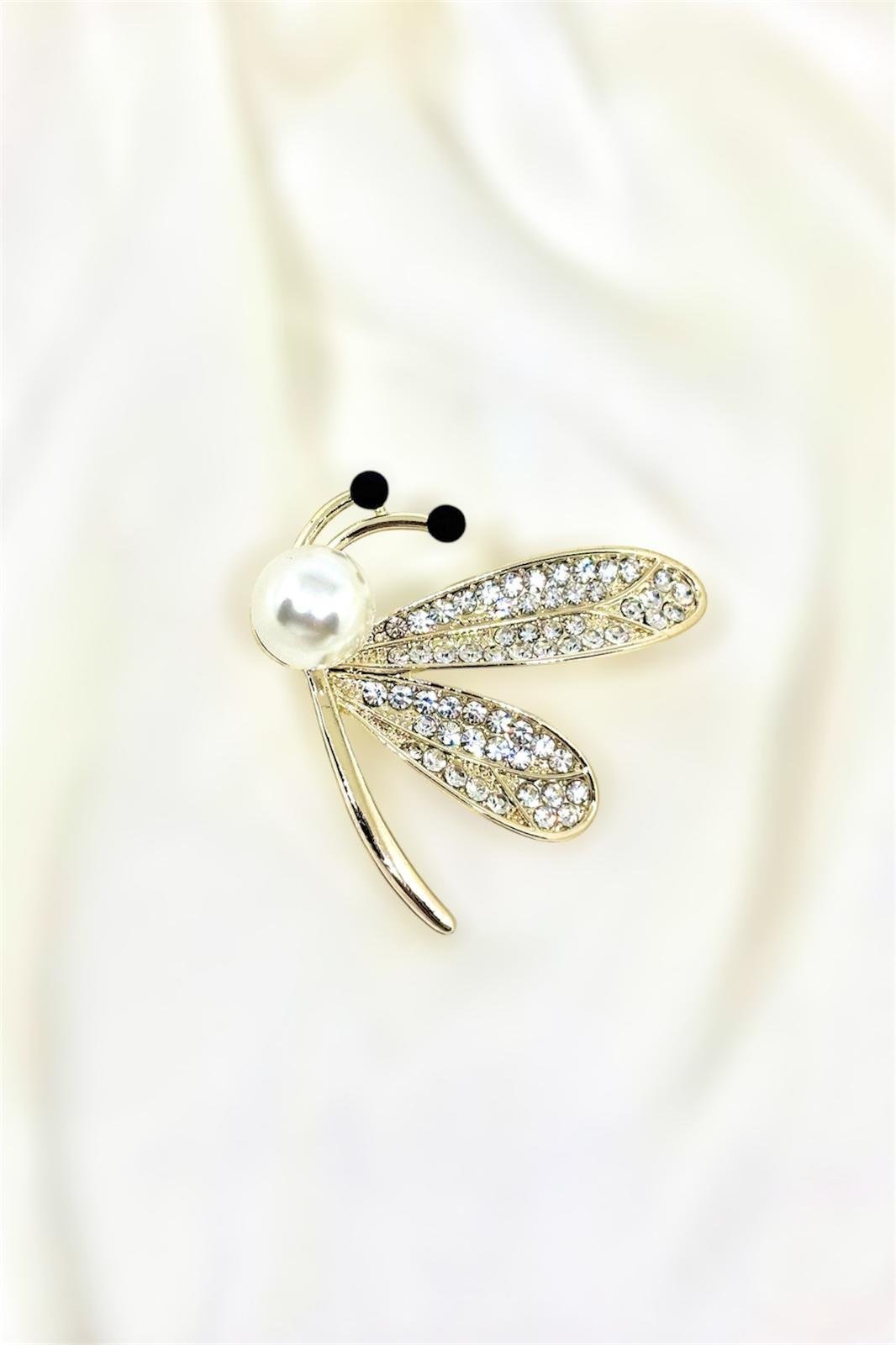 İnci Ve Zirkon Taş Detaylı Yusufcuk Broş Yaka İğnesi