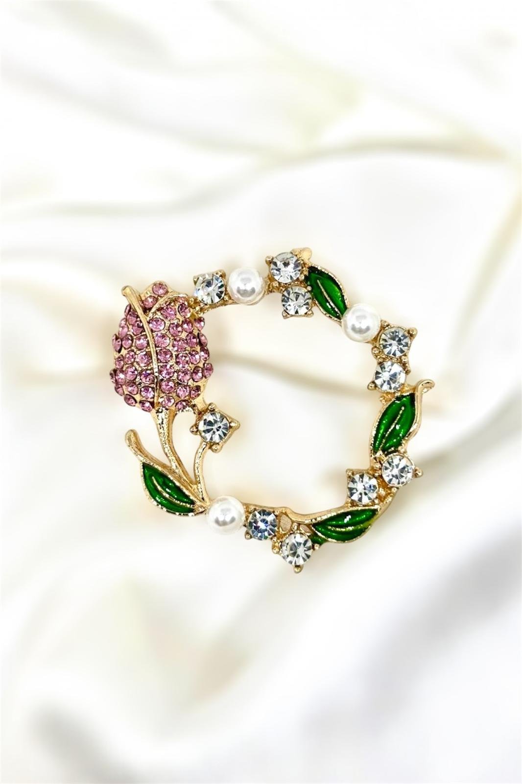 İnci Ve Zirkon Taşlı Gül Broş Yaka İğnesi