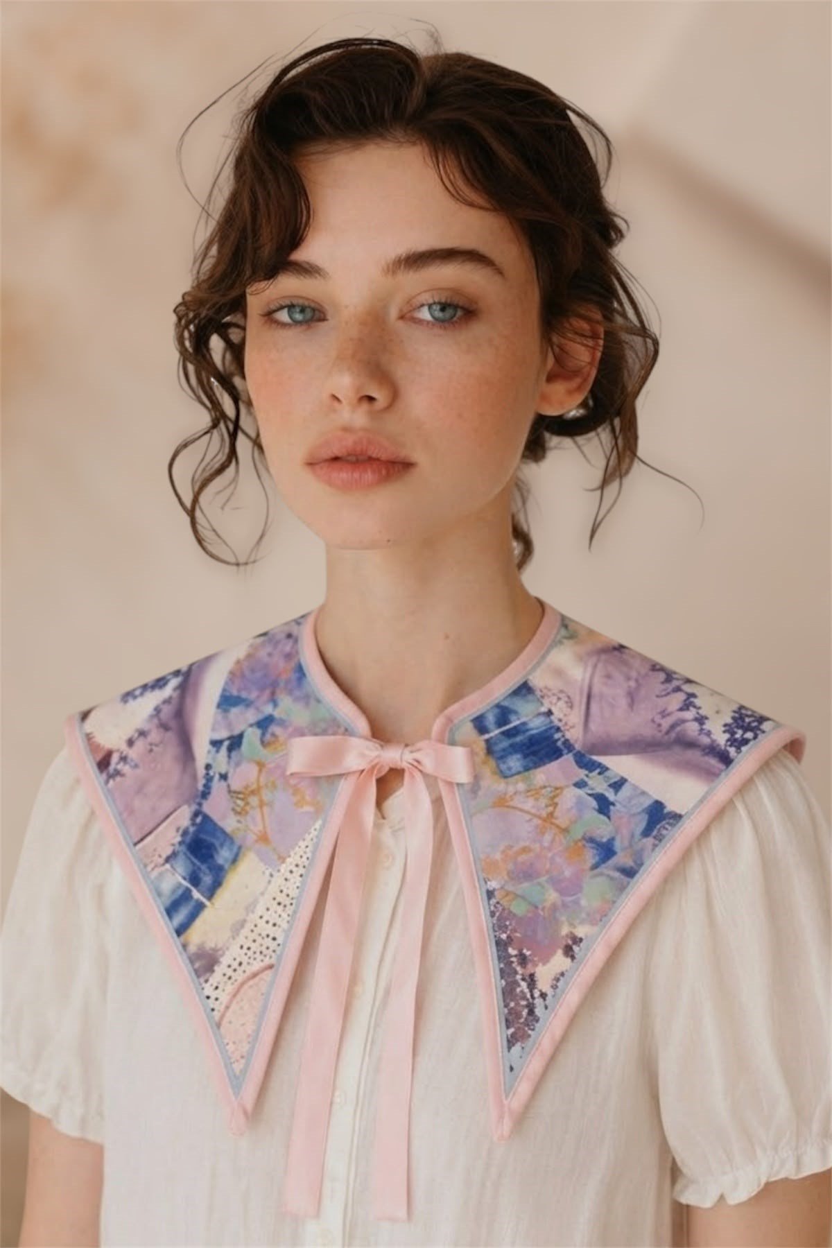 Lila Patchwork Desenli Pembe Biyeli Seyyar Yaka