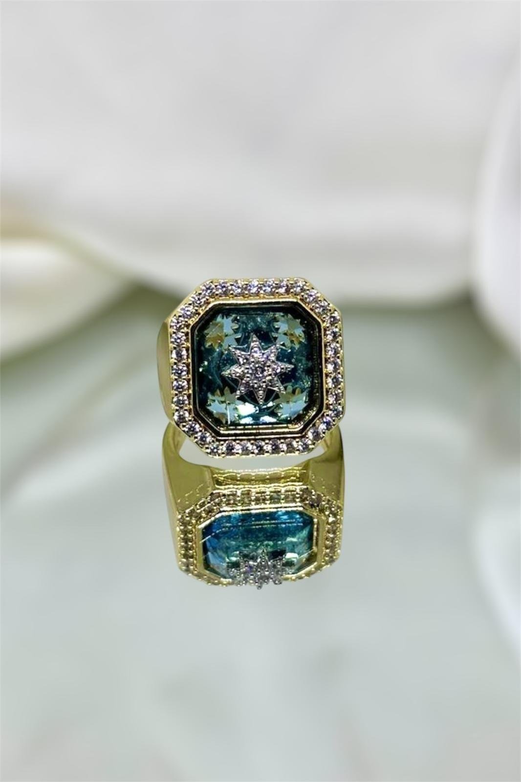 Mavi Ve Zirkon taşlı Yıldız Motifli Ayarlanabilir Kare Gold Yüzük