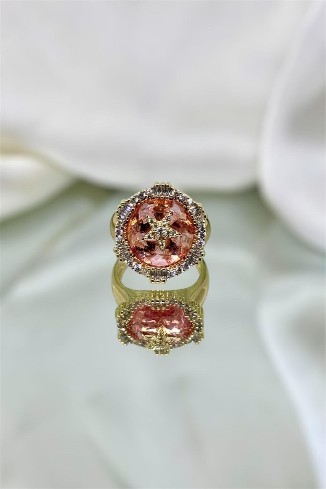 Pembe Ve Zirkon Taşlı Sırıus Yıldızı Ayarlanabilir Yuvarlak Gold Yüzük